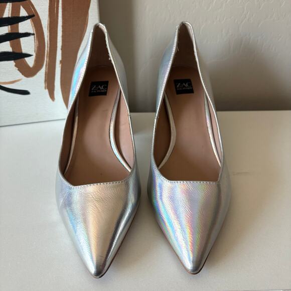 Zac Posen Silver Holographic Pointed Toe Slip On Block Heel Leather Pumps 8.5 - Picture 2 of 10